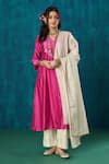 Buy_Mushio_Magenta Kurta Chanderi Embroidery Floral Notched Charvi A-line And Pant Set _at_Aza_Fashions