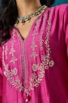 Shop_Mushio_Magenta Kurta Chanderi Embroidery Floral Notched Charvi A-line And Pant Set 