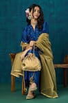 Mushio_Blue Kurta Chanderi Embroidery Beads Notched Leela A-line And Pant Set _Online_at_Aza_Fashions