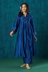 Shop_Mushio_Blue Kurta Chanderi Embroidery Beads Notched Leela A-line And Pant Set _Online_at_Aza_Fashions