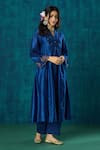 Mushio_Blue Kurta Chanderi Embroidery Beads Notched Leela A-line And Pant Set _at_Aza_Fashions