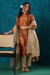 Buy_Mushio_Orange Kurta Habotai Silk Embroidery Lace Band Sanika High Low And Pant Set _at_Aza_Fashions