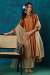 Mushio_Orange Kurta Habotai Silk Embroidery Lace Band Sanika High Low And Pant Set _Online_at_Aza_Fashions