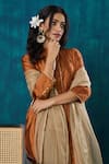 Shop_Mushio_Orange Kurta Habotai Silk Embroidery Lace Band Sanika High Low And Pant Set _Online_at_Aza_Fashions