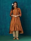 Mushio_Orange Kurta Habotai Silk Embroidery Lace Band Sanika High Low And Pant Set _at_Aza_Fashions