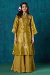 Shop_Mushio_Yellow Kurta Tissue Embroidery Lace Suvarna Floral A-line And Sharara Set _Online_at_Aza_Fashions