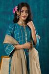 Mushio_Blue Kurta Chanderi Embroidery Lace Notched Janaki Checks And Pant Set _Online_at_Aza_Fashions