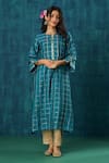 Buy_Mushio_Blue Kurta Chanderi Embroidery Lace Notched Janaki Checks And Pant Set _Online_at_Aza_Fashions