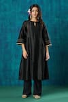 Buy_Mushio_Black Kurta Chanderi Embroidery Lace Round Krisha Pintuck A-line And Pant Set _Online_at_Aza_Fashions