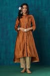 Buy_Mushio_Orange Kurta Habotai Silk Embroidery Lace Band Sanika High Low With Pant _at_Aza_Fashions