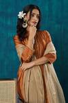 Mushio_Orange Kurta Habotai Silk Embroidery Lace Band Sanika High Low With Pant _Online_at_Aza_Fashions