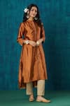 Shop_Mushio_Orange Kurta Habotai Silk Embroidery Lace Band Sanika High Low With Pant _Online_at_Aza_Fashions