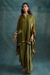 Buy_Krishna Mehta_Green Modal Gota Patti, Mirrors Round Neck Embroidered Asymmetric Kaftan _at_Aza_Fashions