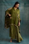 Krishna Mehta_Green Modal Gota Patti, Mirrors Round Neck Embroidered Asymmetric Kaftan _Online_at_Aza_Fashions