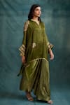 Shop_Krishna Mehta_Green Modal Gota Patti, Mirrors Round Neck Embroidered Asymmetric Kaftan _Online_at_Aza_Fashions