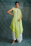 Buy_Krishna Mehta_Green Tussar Embroidery Beads Round Tie Dye Asymmetric Tunic With Draped Skirt _Online_at_Aza_Fashions