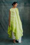 Shop_Krishna Mehta_Green Tussar Embroidery Beads Round Tie Dye Asymmetric Tunic With Draped Skirt _Online_at_Aza_Fashions