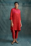 Buy_Krishna Mehta_Red Modal Block Printed Abstract Asymmetric Shaded Shirt Kurta With Pant _at_Aza_Fashions