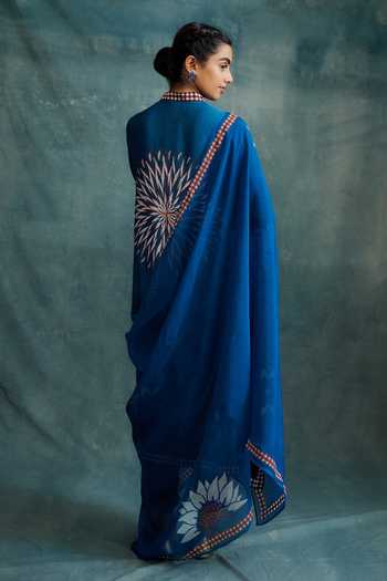 Shop_Krishna Mehta_Blue Modal Embroidery V-neck Geometric Block Print Ombre Kurta Pant Set _at_Aza_Fashions