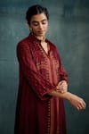 Krishna Mehta_Maroon Modal Hand Painted Knotted Bandhej Collared Geometric Block Print Kurta _Online_at_Aza_Fashions