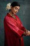 Krishna Mehta_Red Modal Block Printed Knotted Bandhej Collared Bandhani Kaftan _Online_at_Aza_Fashions