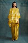 Buy_Krishna Mehta_Yellow Modal Block Printed Ikat Boat Kaftan With Draped Skirt _at_Aza_Fashions
