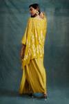Shop_Krishna Mehta_Yellow Modal Block Printed Ikat Boat Kaftan With Draped Skirt _at_Aza_Fashions