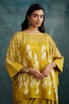 Buy_Krishna Mehta_Yellow Modal Block Printed Ikat Boat Kaftan With Draped Skirt _Online_at_Aza_Fashions