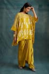 Shop_Krishna Mehta_Yellow Modal Block Printed Ikat Boat Kaftan With Draped Skirt _Online_at_Aza_Fashions