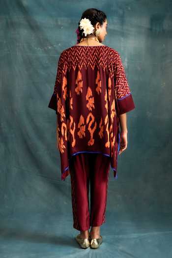 Shop_Krishna Mehta_Maroon Modal Printed Baatik Round Kaftan _at_Aza_Fashions