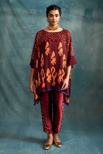 Buy_Krishna Mehta_Maroon Modal Printed Baatik Round Kaftan _Online_at_Aza_Fashions