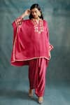 Krishna Mehta_Pink Modal Gota Patti Split V-neck Floral Embroidered Kaftan _Online_at_Aza_Fashions