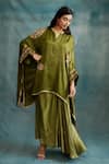 Buy_Krishna Mehta_Green Modal Gota Patti Split V-neck Floral Embroidered Kaftan And Draped Skirt Set _at_Aza_Fashions
