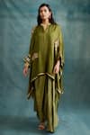 Buy_Krishna Mehta_Green Modal Gota Patti Split V-neck Floral Embroidered Kaftan And Draped Skirt Set _Online_at_Aza_Fashions