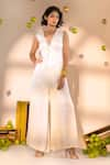 Amrood_Off White Satin Embroidery Bead Open Solid Front Tie Up Jumpsuit With Jacket _at_Aza_Fashions