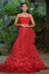 Buy_Mireya Sanya_Red Net Plain Semicircle Off-shoulder Cutout Pattern Gown _at_Aza_Fashions