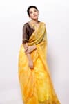 Bihart_Yellow Saree Kota Doria Silk Tie Dye Raangsaaz With Sujani Work Crop Top _Online_at_Aza_Fashions