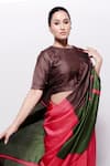 Bihart_Pink Wild Silk Plain Zero Neck Rangsaaz Color Block Saree With Blouse _Online_at_Aza_Fashions