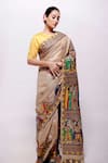 Buy_Bihart_Beige Wild Silk Hand Painted Ibadatgah Saree With Unstitched Blouse Piece _at_Aza_Fashions