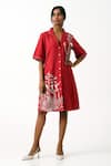 Buy_Madder Much_Red Handloom Cotton Embroidery Thread Lapel Madder Taiwo Bird Shirt Dress _at_Aza_Fashions