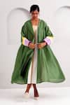 Shop_Madder Much_Green Chanderi Silk Embroidery Open Neck Dallas Overlay Jacket _Online_at_Aza_Fashions