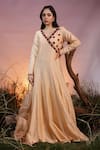 Buy_ISHRAM COUTURE_Peach Handwoven Cotton Silk Embroidered Rose Nitya 3d Anarkali With Dupatta _at_Aza_Fashions