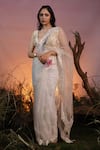 Buy_ISHRAM COUTURE_Ivory Silk Organza Embroidered Floral Saraswati Saree With Brocade Blouse _at_Aza_Fashions