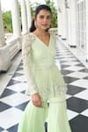 Label Sanya Gulati_Green Georgette Embroidery Dori V Neck Peplum Kurta Sharara Set _Online_at_Aza_Fashions