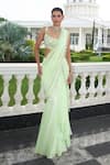 Buy_Label Sanya Gulati_Green Georgette Embroidery Sequin Stripe Border Pre-draped Saree With Blouse _at_Aza_Fashions