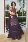 Buy_Label Sanya Gulati_Purple Georgette Embroidery Sequin Halter Neck Mukaish Tiered Lehenga Set _at_Aza_Fashions