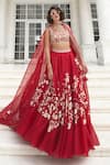 Buy_Label Sanya Gulati_Red Pure Silk Organza Embroidery Resham Square Neck Floral Jaal Lehenga Set _at_Aza_Fashions