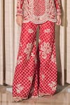 Label Sanya Gulati_Red Pure Silk Organza Embroidery Dori Round Checkered Kurta And Flared Pant Set _Online_at_Aza_Fashions