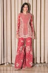 Buy_Label Sanya Gulati_Red Pure Silk Organza Embroidery Dori Round Checkered Kurta And Flared Pant Set _at_Aza_Fashions