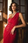 Label Sanya Gulati_Red Chiffon Embroidery Sequin Sweetheart Neck Pre-stitched Saree With Bustier _at_Aza_Fashions